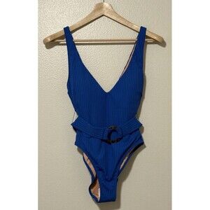 J Crew New Wide Ribbed Belted Deep V Neck One Piece Swimsuit 8 Blue NWT Retro